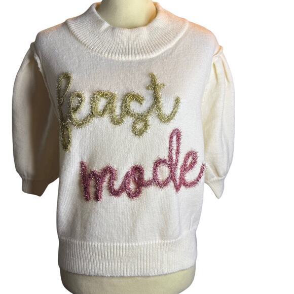 Peach Love California Feast Mode Graphic Puff Sleeve Knit Sweater, Size Large - Picture 2 of 8